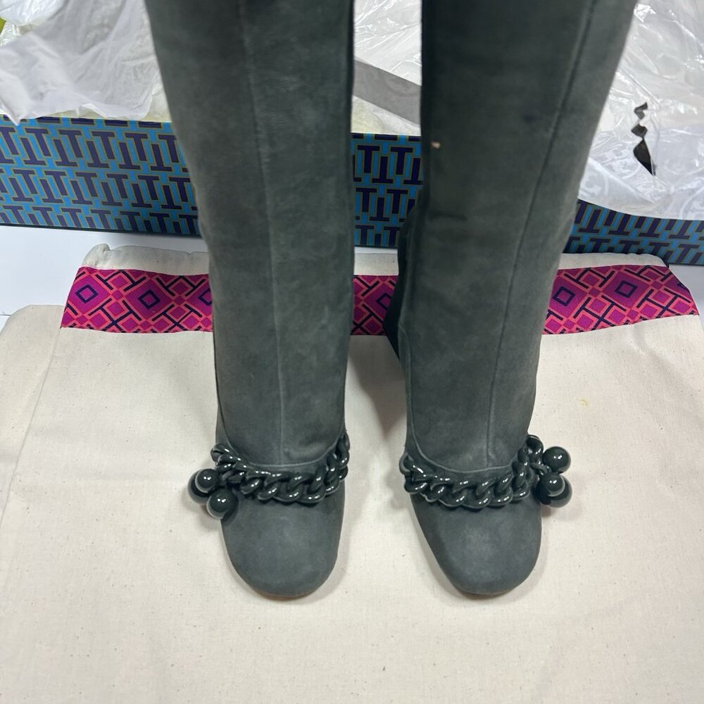 NEW W BOX TORY BURCH ADDISON 95mm LANCASTER SUEDE TALL BOOTS BOXWOOD Green Sz 5 - Picture 5 of 12